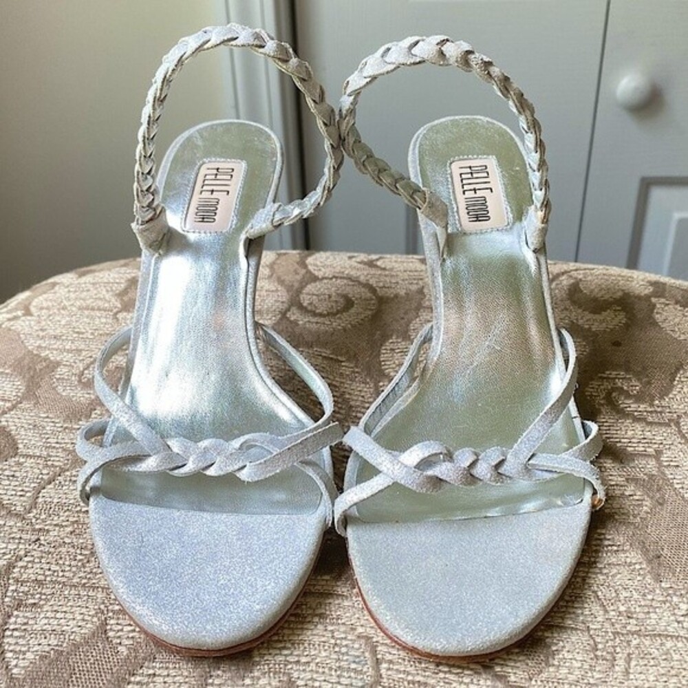Pelle Moda Silver Leather Strappy Heels Wedding Formal size 6.5